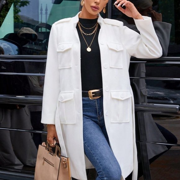 White Preppy Womens Flap Pocket Belted Overcoat - Picture 1 of 6